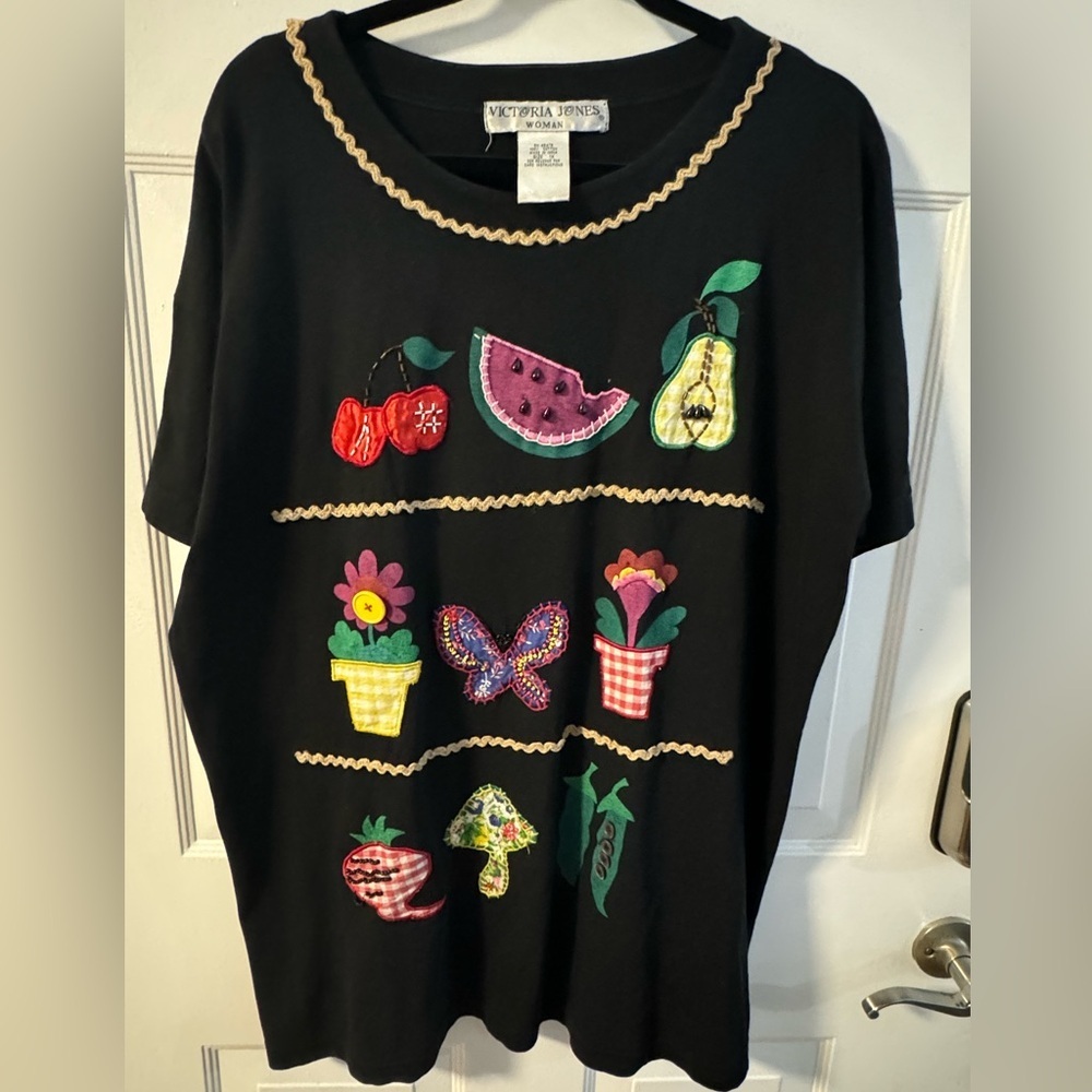 90s Victoria Jones Fruit Flowers Embroidered Appliqué Grannycore Shirt Tunic 80s
